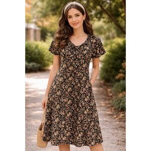 VTG Jeffrey & Dara Womens Dress 12 Black Floral Fit Flare Cottagecore Peasant